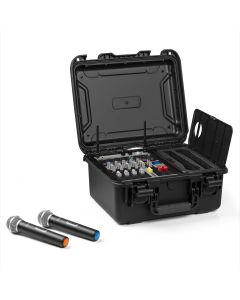 Ensemble mobile table de mixage 6 canaux amplifiée 2 x 600W, 2 x micro main UHF, flight case ABS - VMA106