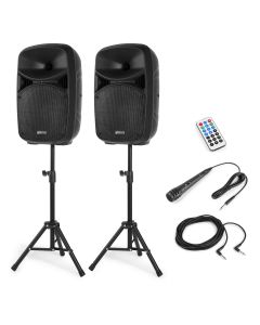 Enceinte stéréo 10", set, 1 active, 1 passive, 600 W, avec pieds, micro et cordon, lecteur multimédia, effet lumineux - VPS102A