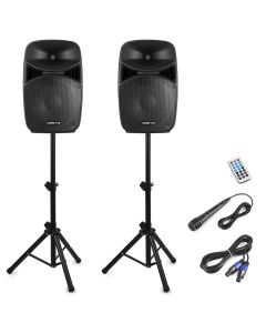 Enceinte stéréo 15", set, 1 active, 1 passive, 1000 W, avec pieds, micro et cordon, lecteur multimédia, effet lumineux - VPS152A