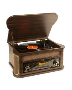 Platine disque&#44; vintage avec lecteur CD&#44; lecteur K7&#44; BT&#44; DAB+&#44; FM&#44; USB&#44; bois foncé - Memphis