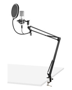 Micro studio&#44; condensateur&#44; USB&#44; argent&#44; avec support articulé&#44; filtre anti-pop&#44; bonette&#44; pince et cordon - CMS300S